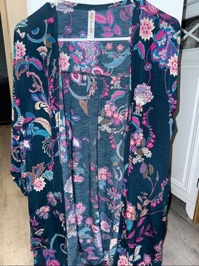 Dear Scarlett Floral Open-Front Cardigan with Pink & Teal Blooms-S